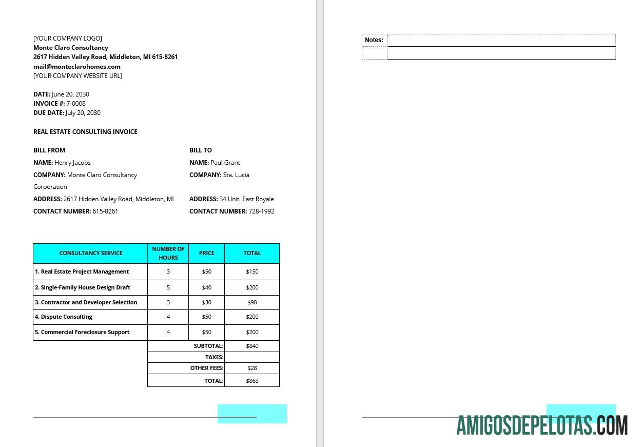 imprimível Modelo de fatura de consultoria imobiliária